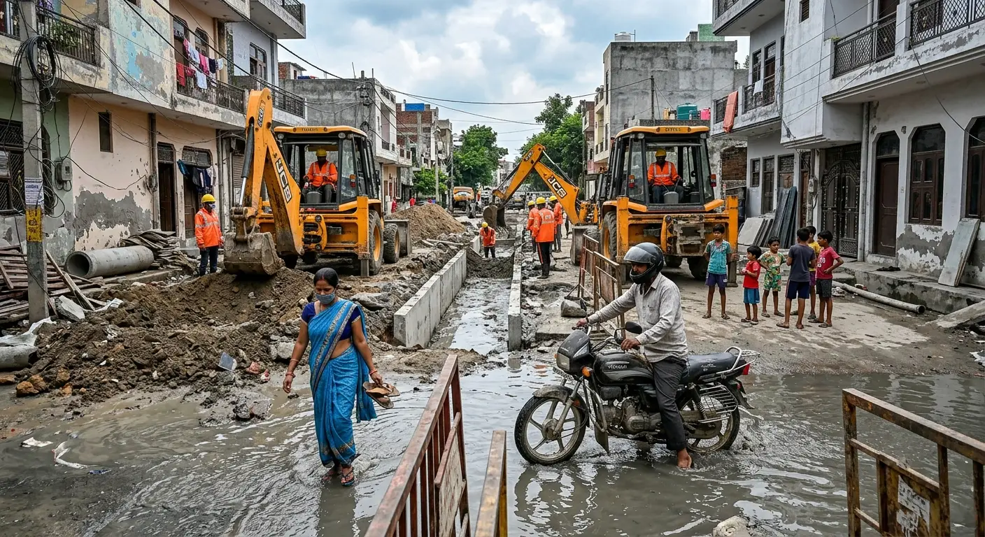 गाजियाबाद में नाला चौड़ीकरण का कार्य जारी है। निर्माण के दौरान कुछ गलियों में नालों का पानी सड़कों पर आ गया, जिससे स्थानीय लोगों को अस्थायी परेशानी का सामना करना पड़ रहा है।